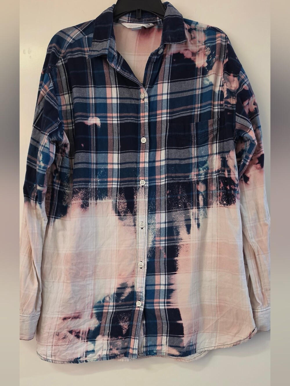 Women's Plaid Halloween Mike Meyers Button-Up Shirt - Navy & Pink Bleach Effect